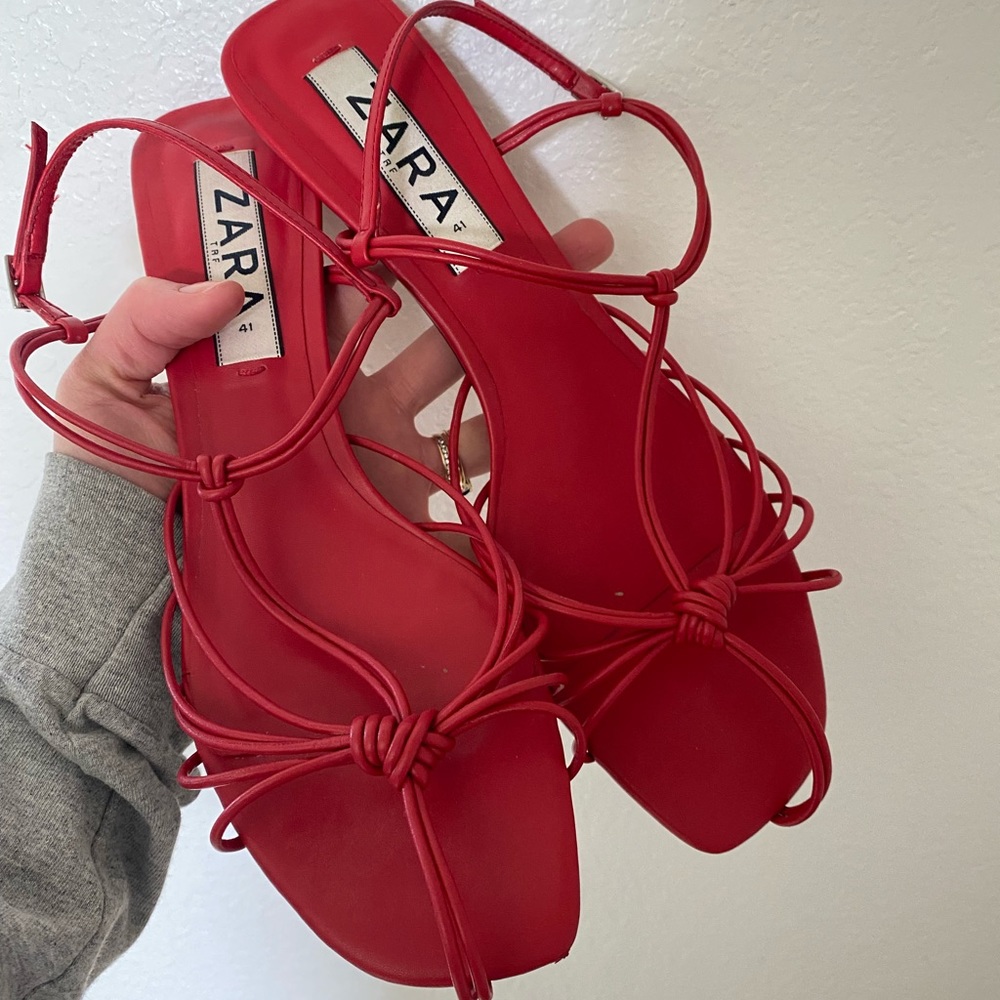 Red Zara Strappy Knotted low heel sandal